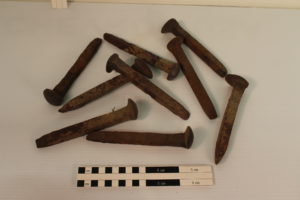 Much of the historic objects housed in the BLM Collection are rusted metal objects like tin cans, horseshoes and these railroad ties. BLM Collection.