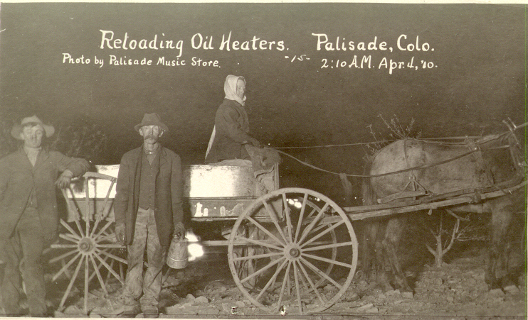 Horse drawn wagon carrying oil heaters for fruit orchards in 1910. Photo # 1979.0023 #053, Museums of Western Colorado.