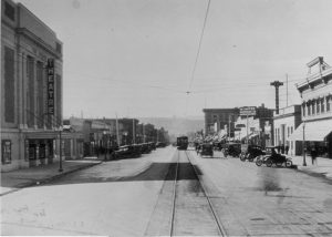 The Grand Junction and Grand River Valley Railway interurban on Main Street in the early 1920s. Photo # 1995.0082.0012, Museums of Western Colorado.